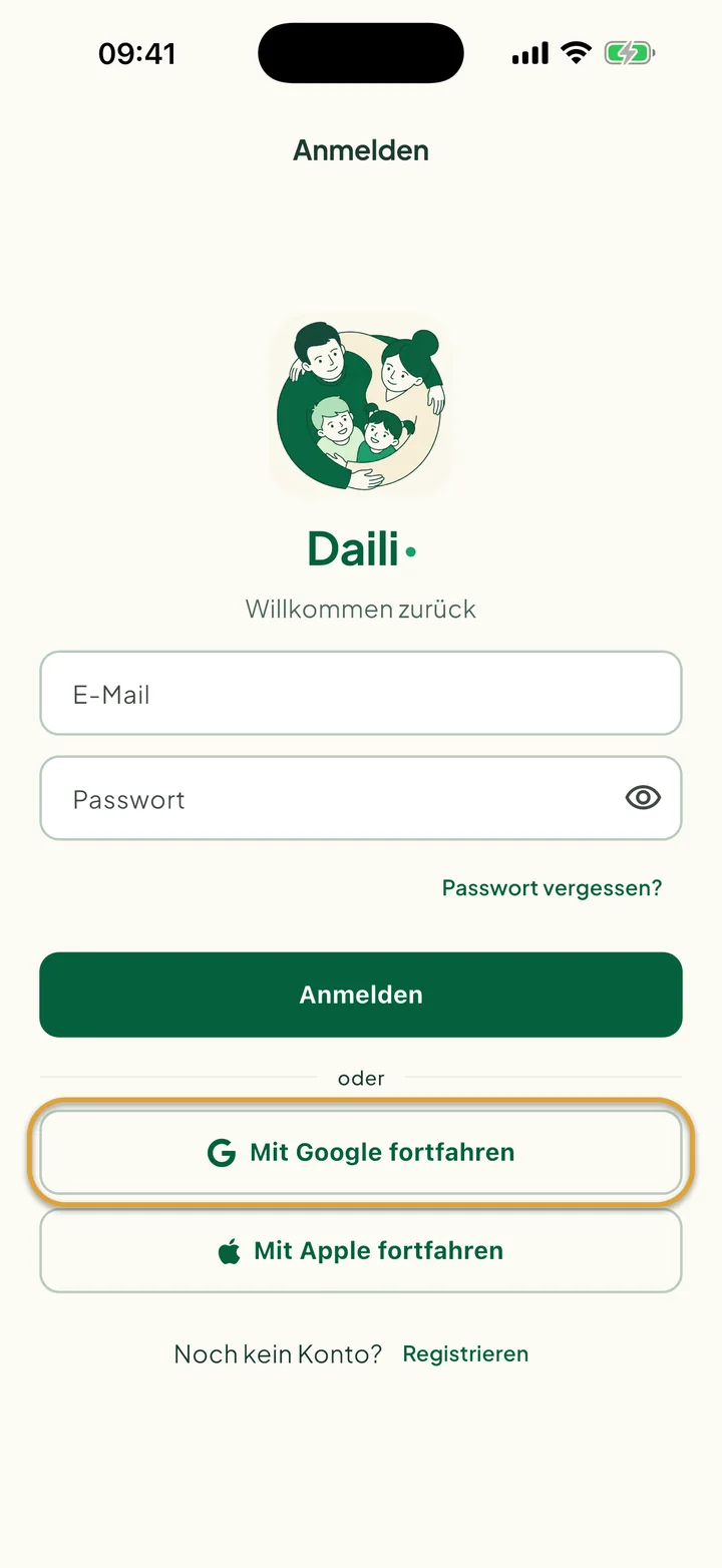 Der Anmeldebildschirm. Der Button Mit Google fortfahren ist eingekreist.