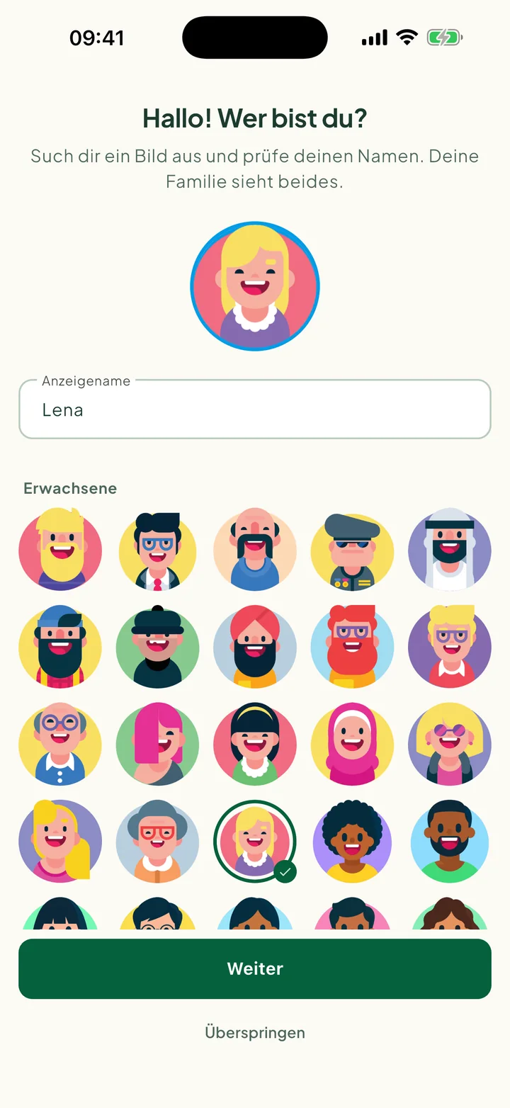 Der Schritt Hallo! Wer bist du? mit gewähltem Bild und ausgefülltem Namen.