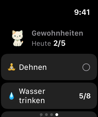 Die Seite Gewohnheiten auf der Uhr: Minzi, heute 2 von 5 erledigt, und die ersten Gewohnheiten.