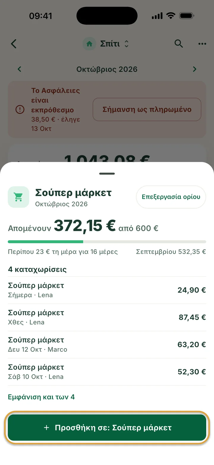 Η καρτέλα Σούπερ μάρκετ: απομένουν 372,15 € από 600 € και τέσσερις καταχωρίσεις. Το κουμπί Προσθήκη σε: Σούπερ μάρκετ είναι κυκλωμένο.