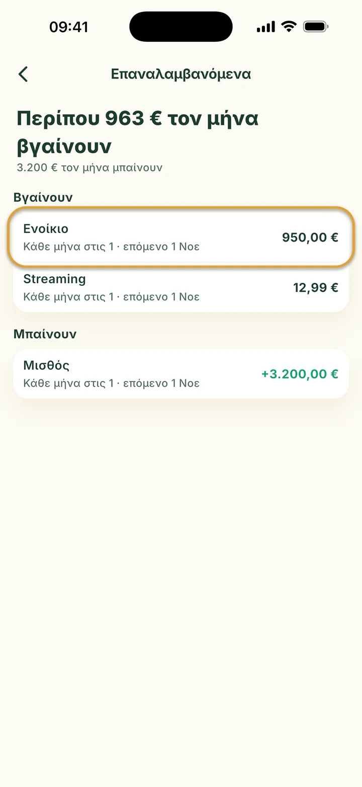 Η οθόνη Επαναλαμβανόμενα: περίπου 963 € τον μήνα βγαίνουν, 3.200 € μπαίνουν. Το Ενοίκιο είναι κυκλωμένο.