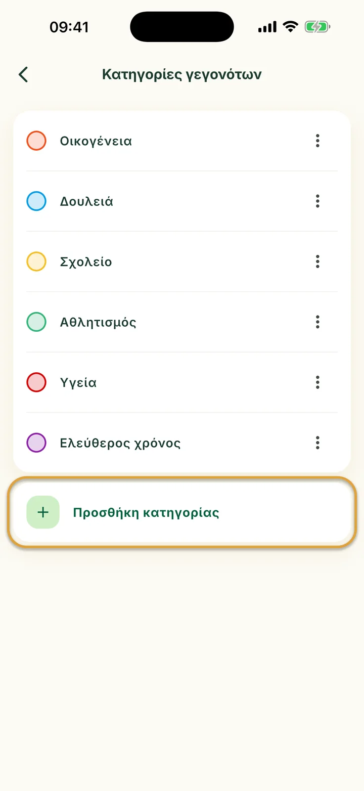 Η οθόνη Κατηγορίες γεγονότων με έξι κατηγορίες. Η γραμμή Προσθήκη κατηγορίας είναι κυκλωμένη.