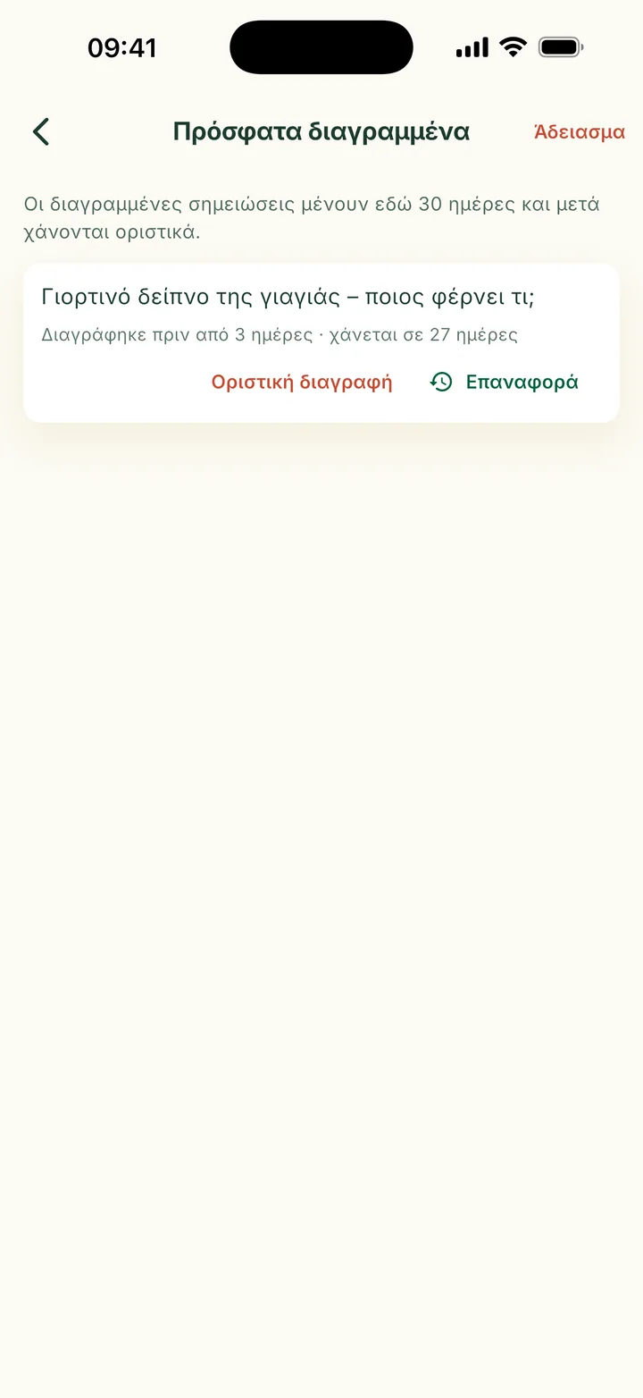 Πρόσφατα διαγραμμένα. Μία σημείωση, χάνεται σε 27 ημέρες, με τις επιλογές Οριστική διαγραφή και Επαναφορά.