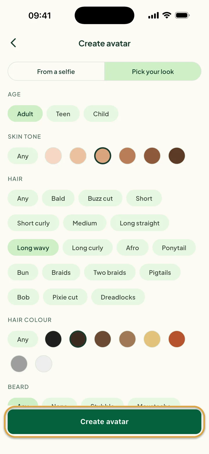 Pick your look with Adult, a skin tone, Long wavy and dark brown hair picked. Create avatar is circled.