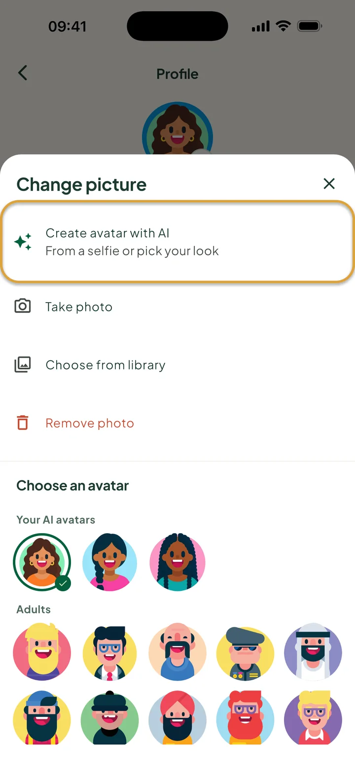 The Change picture sheet. Create avatar with AI is circled. Under Choose an avatar, Your AI avatars shows three versions.