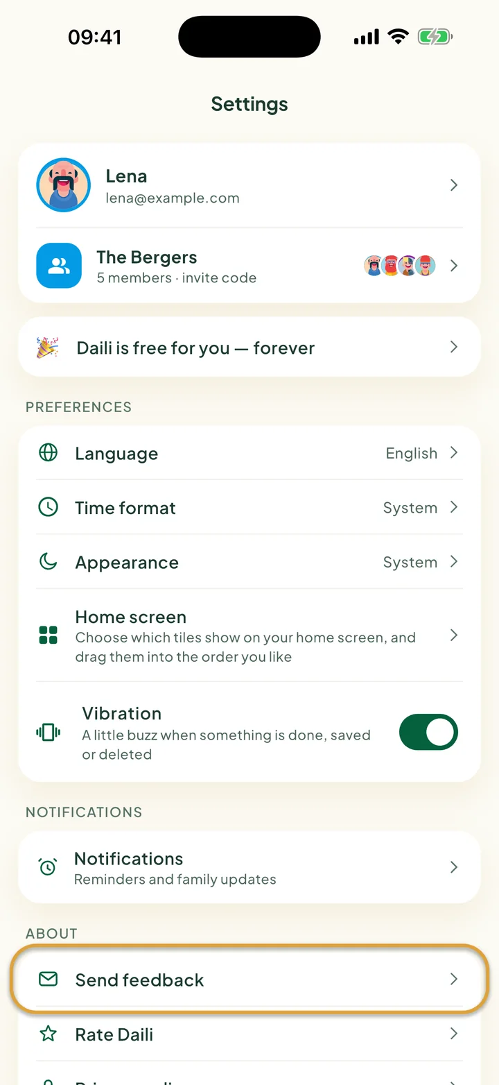 The Settings screen. Send feedback, under About, is circled.