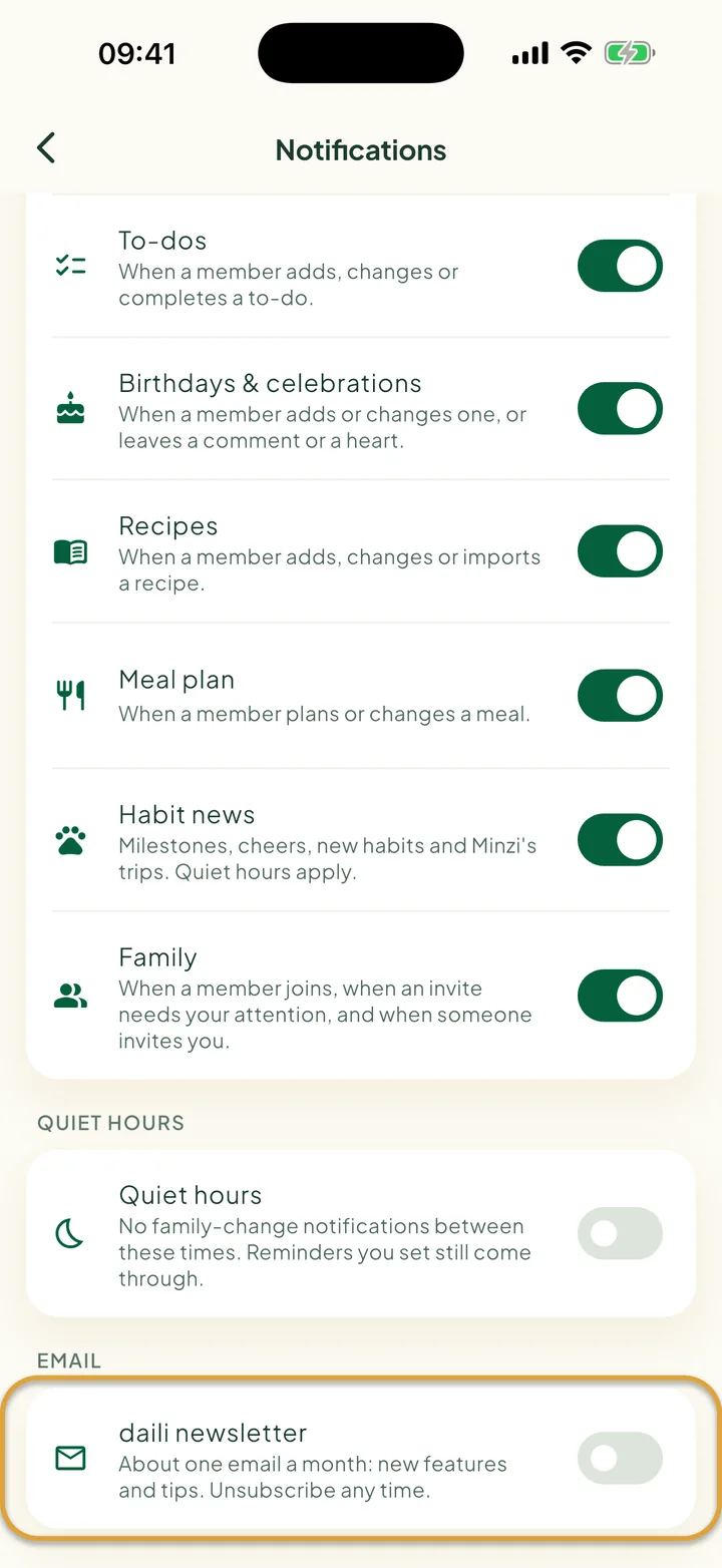 The bottom of the Notifications screen. The daili newsletter switch, under Email, is circled.