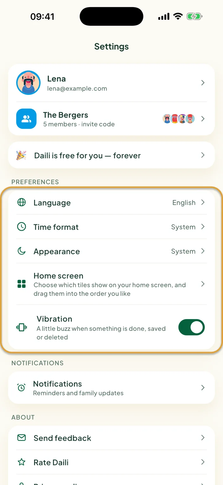 The Settings screen. The Preferences card with Language, Time format, Appearance, Home screen and Vibration is circled.