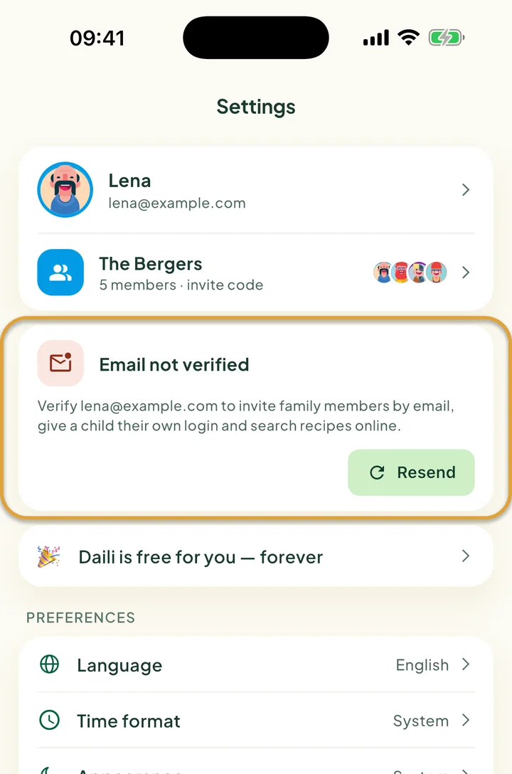 The top of Settings. The Email not verified card with its Resend button is circled.