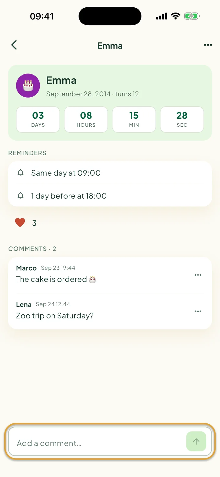 A birthday with a heart and two comments. The Add a comment… field at the bottom is circled.