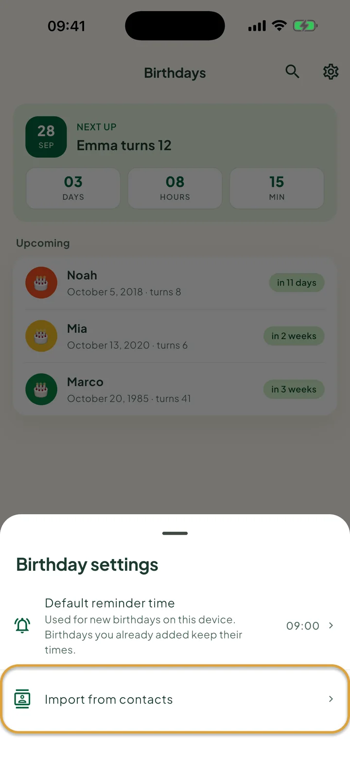 The Birthday settings sheet. The Import from contacts row is circled.