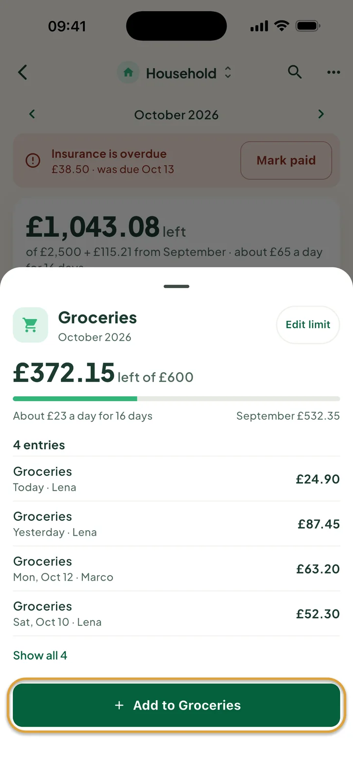 The Groceries sheet: £372.15 left of £600 and four entries. The Add to Groceries button is circled.