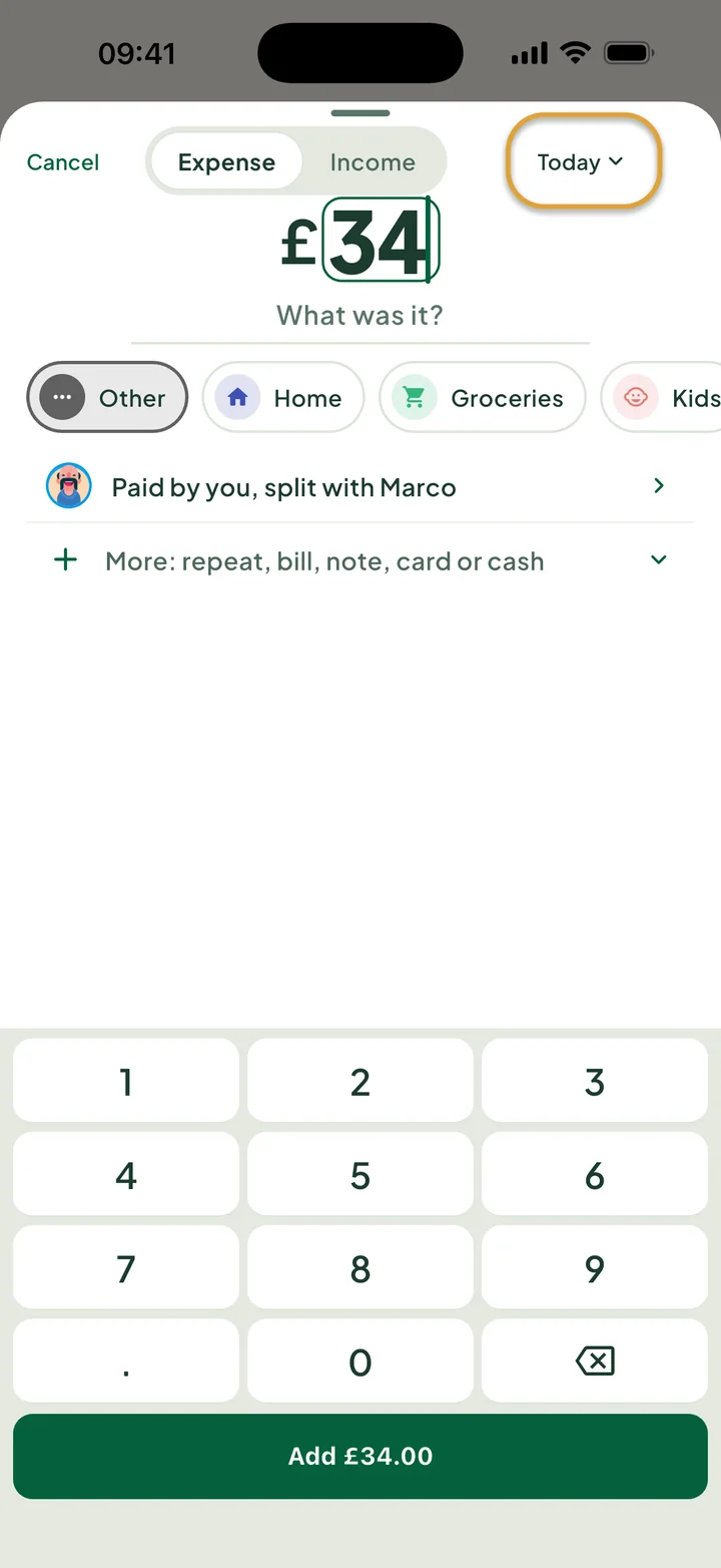 Adding a £34 expense with the number pad. The Today button at the top is circled.