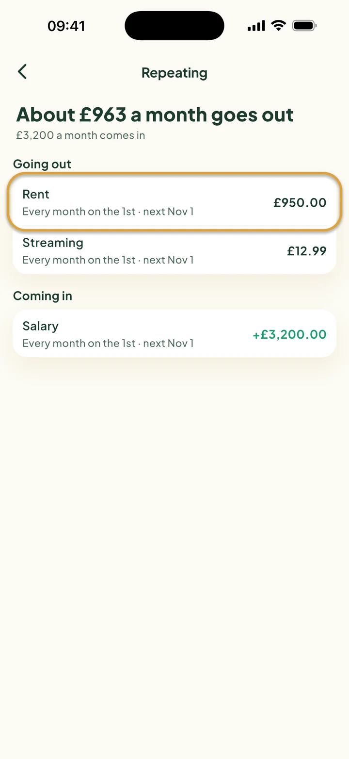 The Repeating screen: about £963 a month goes out, £3,200 comes in. Rent is circled.