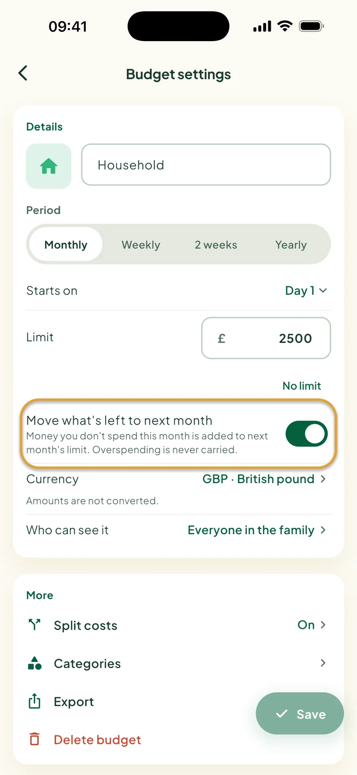 Budget settings with Move what's left to next month switched on. The switch is circled.