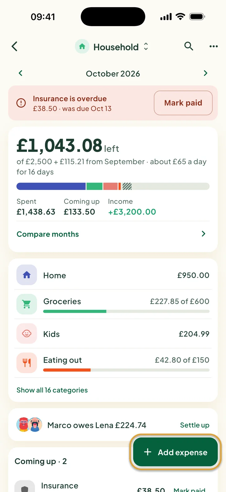 A household budget for October: an overdue bill on top, what is left, the colour stripe and the categories. The Add expense button is circled.