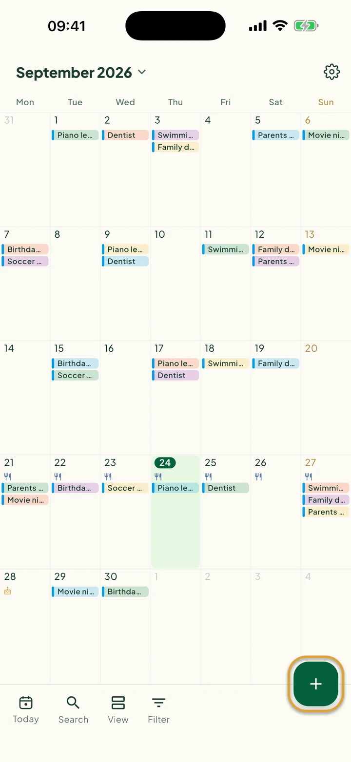 The calendar in Month view. The + button at the bottom right is circled.