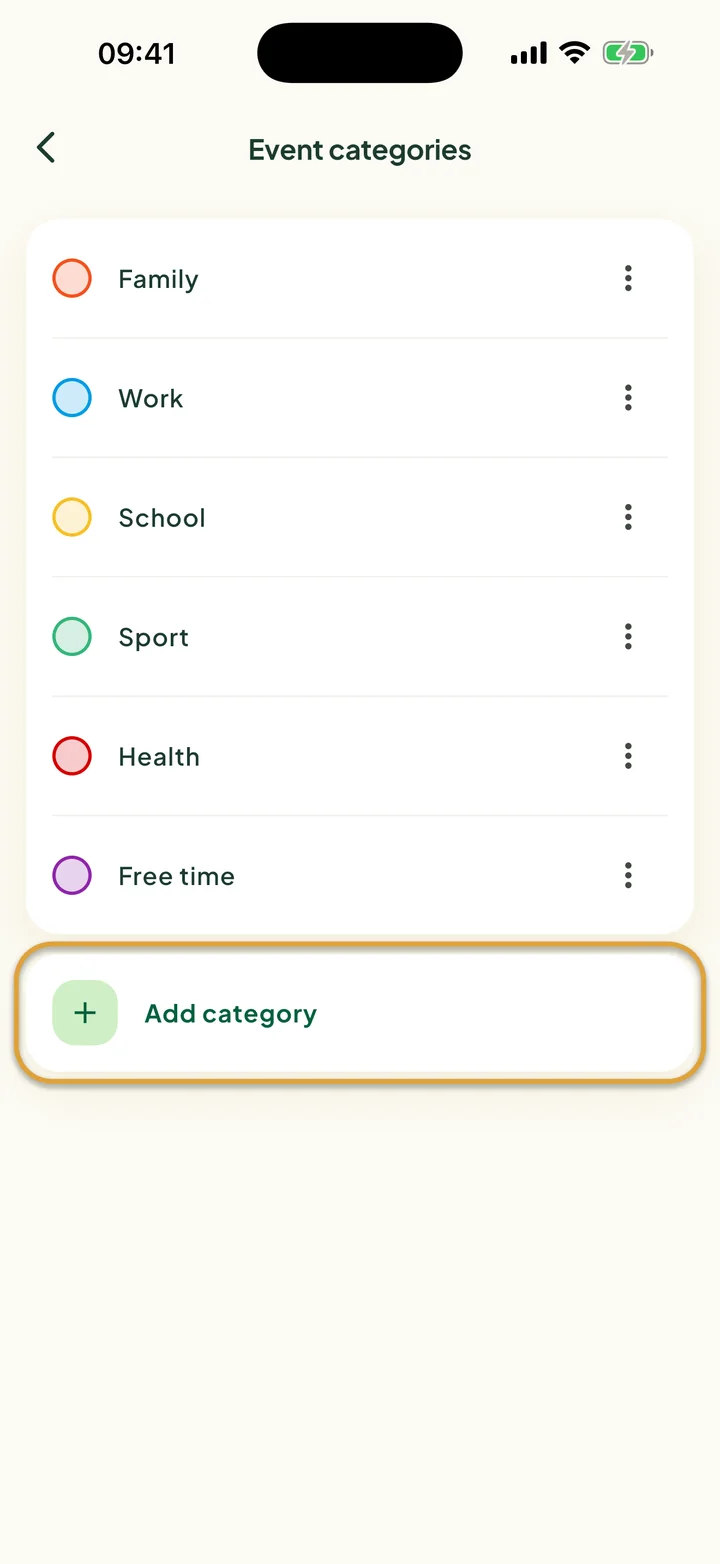 The Event categories screen with six categories. The Add category row is circled.