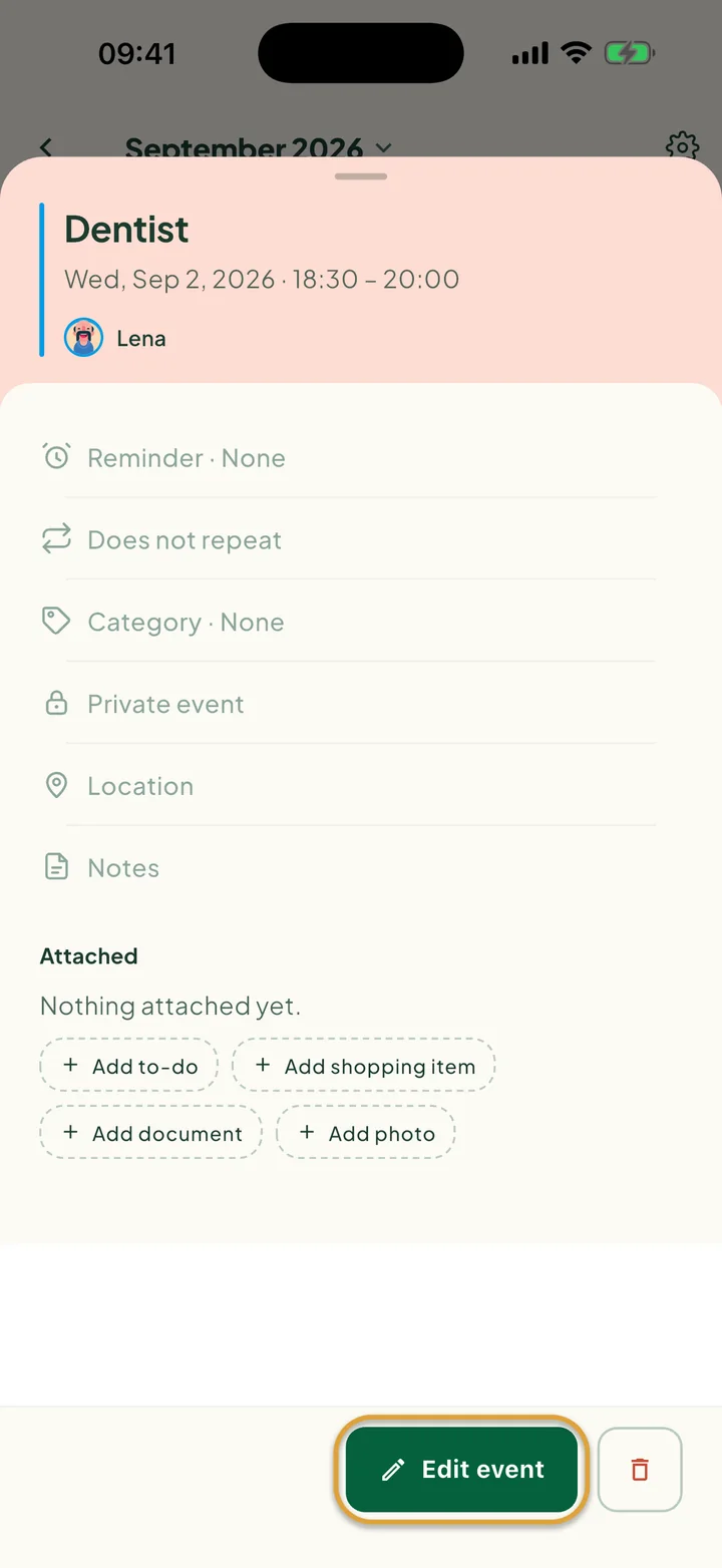 An event opened from the calendar. The Edit event button is circled, with the delete button next to it.