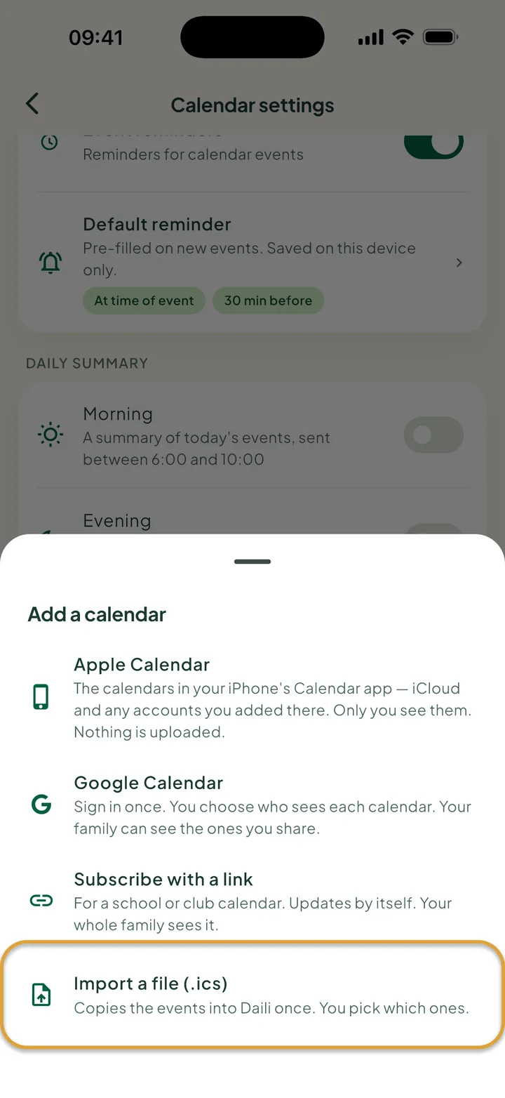 The Add a calendar sheet in the calendar settings. Import a file (.ics) is circled.