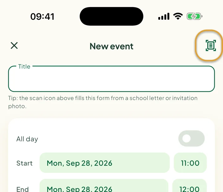 The New event screen. The scan icon at the top right is circled.