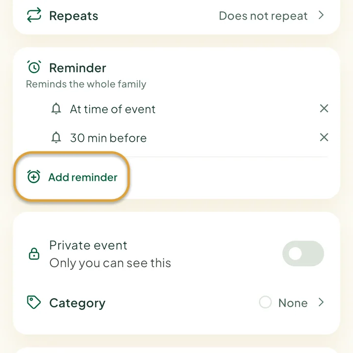 The Reminder section of the event form with two reminders. The Add reminder button is circled.