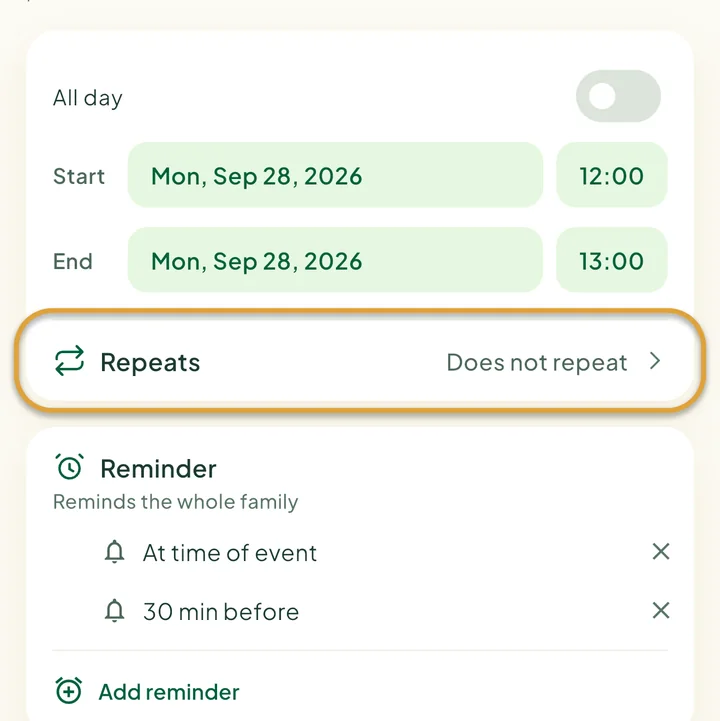 The new event form. The Repeats row is circled.