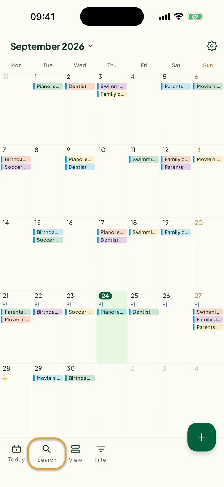 The calendar in Month view. The Search button in the bottom bar is circled.