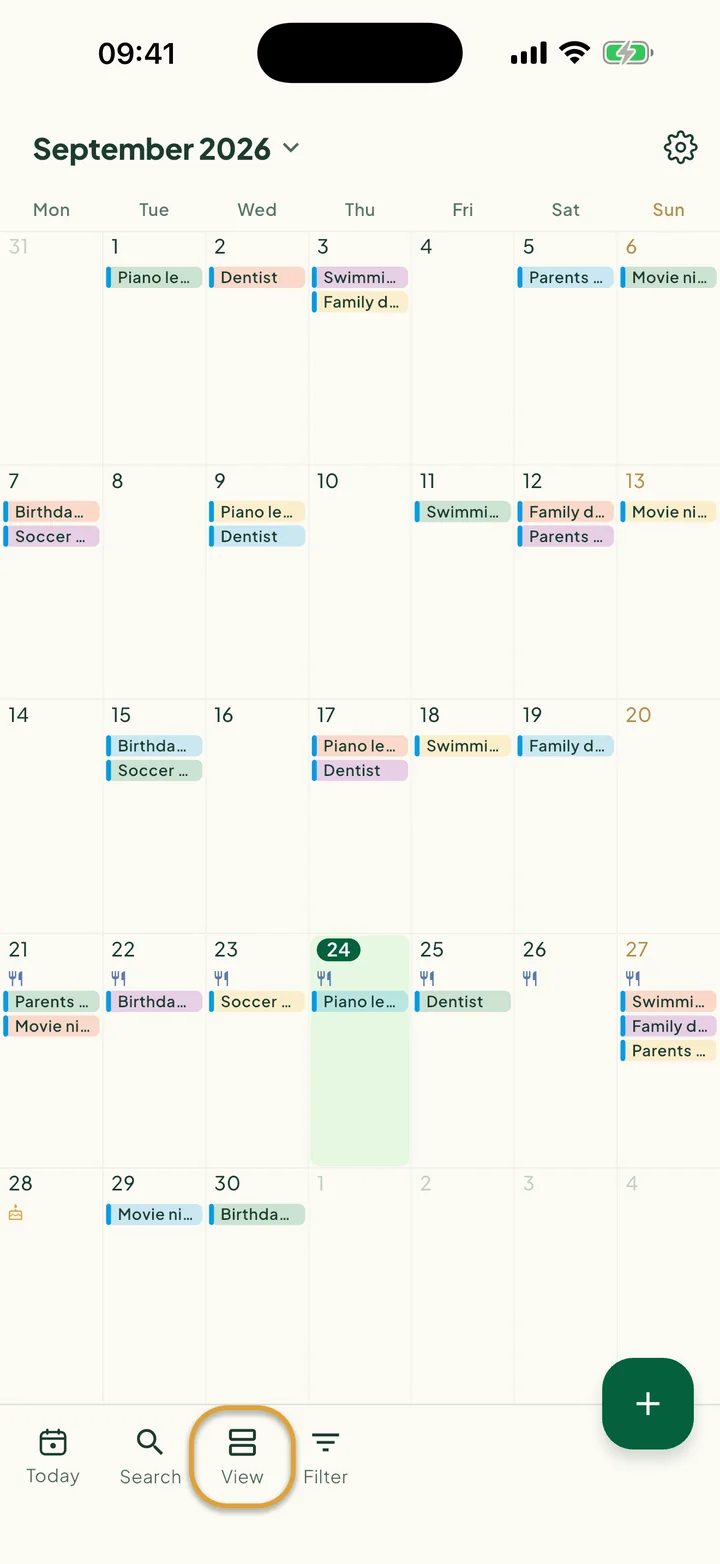 The calendar in Month view. The View button in the bottom bar is circled.