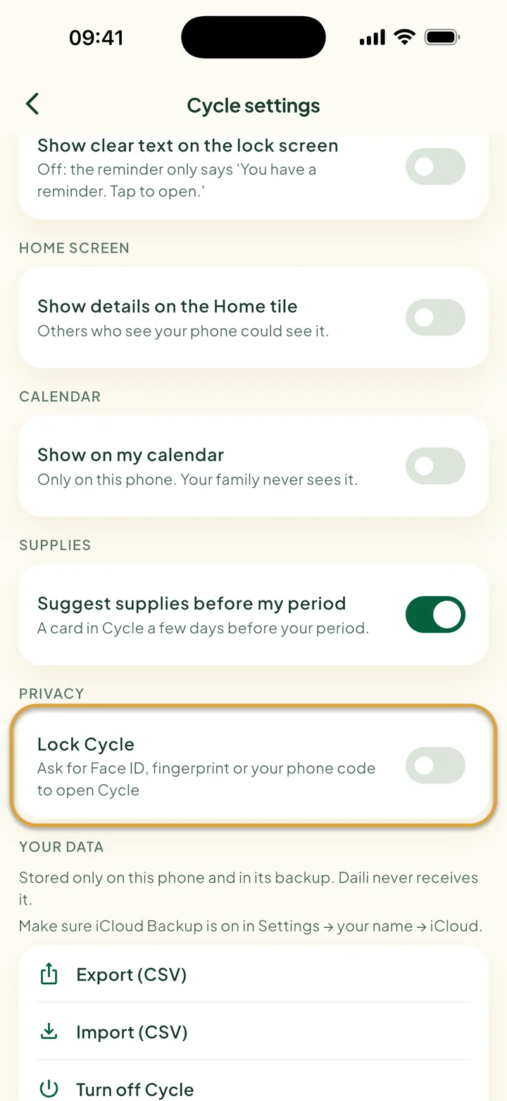 Cycle settings with Show on my calendar, the supplies switch and Export and Import. Lock Cycle is circled.