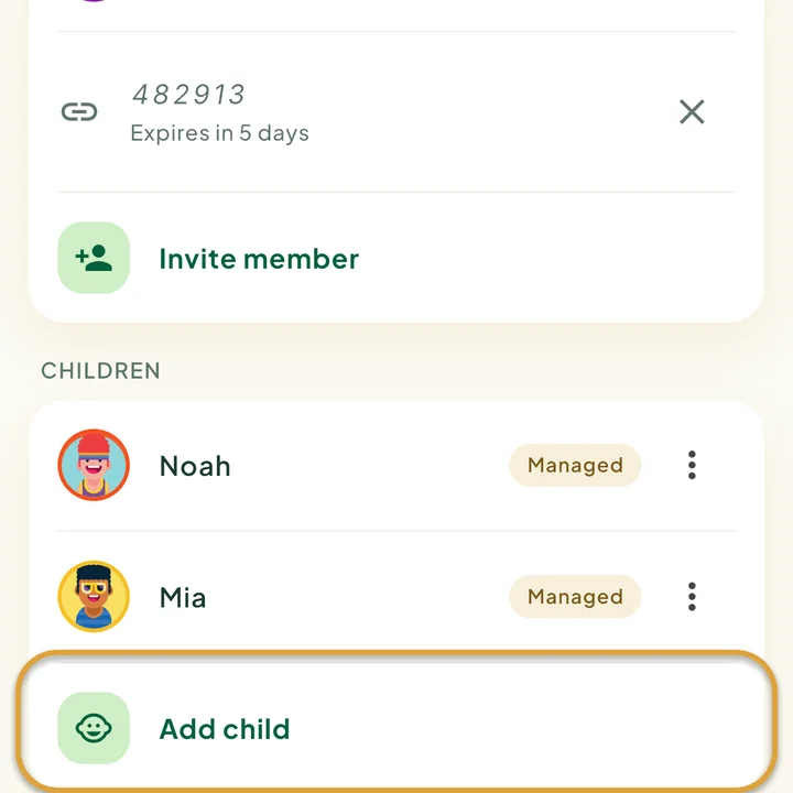 The Children section on the Family screen with two children. The Add child row is circled.