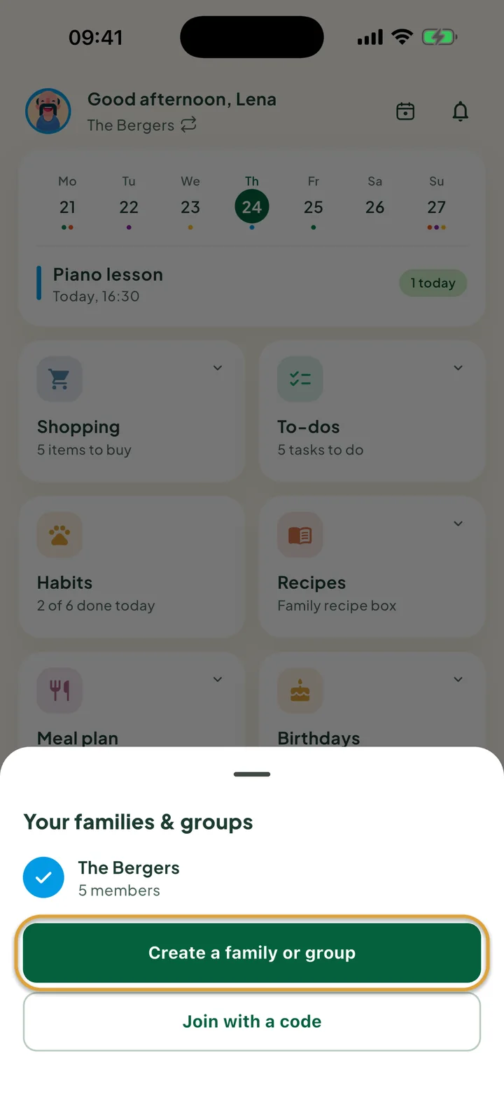 The Your families & groups sheet over Home. The Create a family or group button is circled.