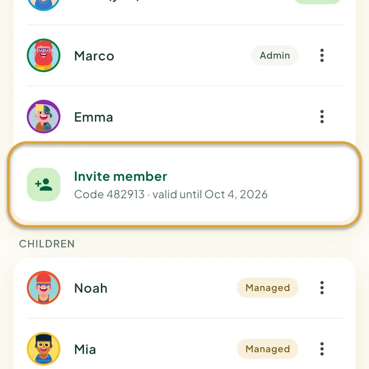 The Family screen. Invite member, with the current code and its end date under it, is circled.