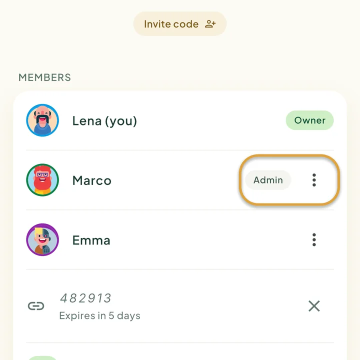 The Members list on the Family screen with Owner and Admin labels. The Admin label and the ⋮ button next to Marco are circled.