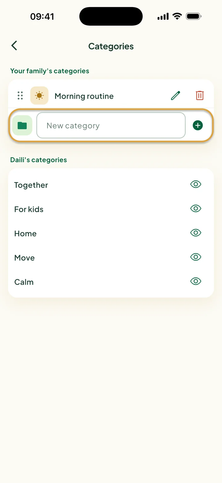 The Categories screen with the Morning routine category. The New category field is circled.