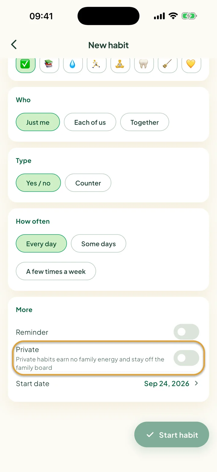 The More part of the New habit form. The Private switch is circled.
