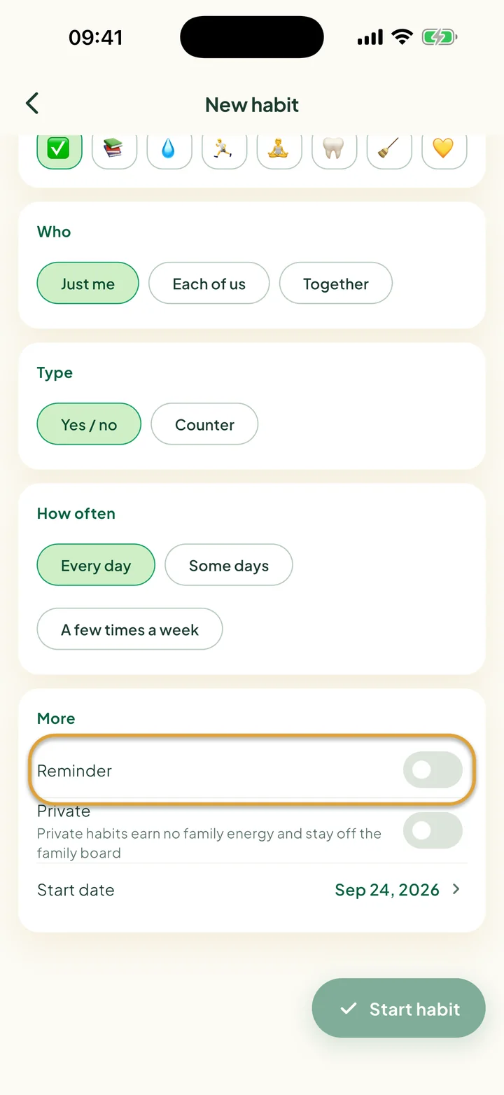 The More part of the New habit form. The Reminder switch is circled.