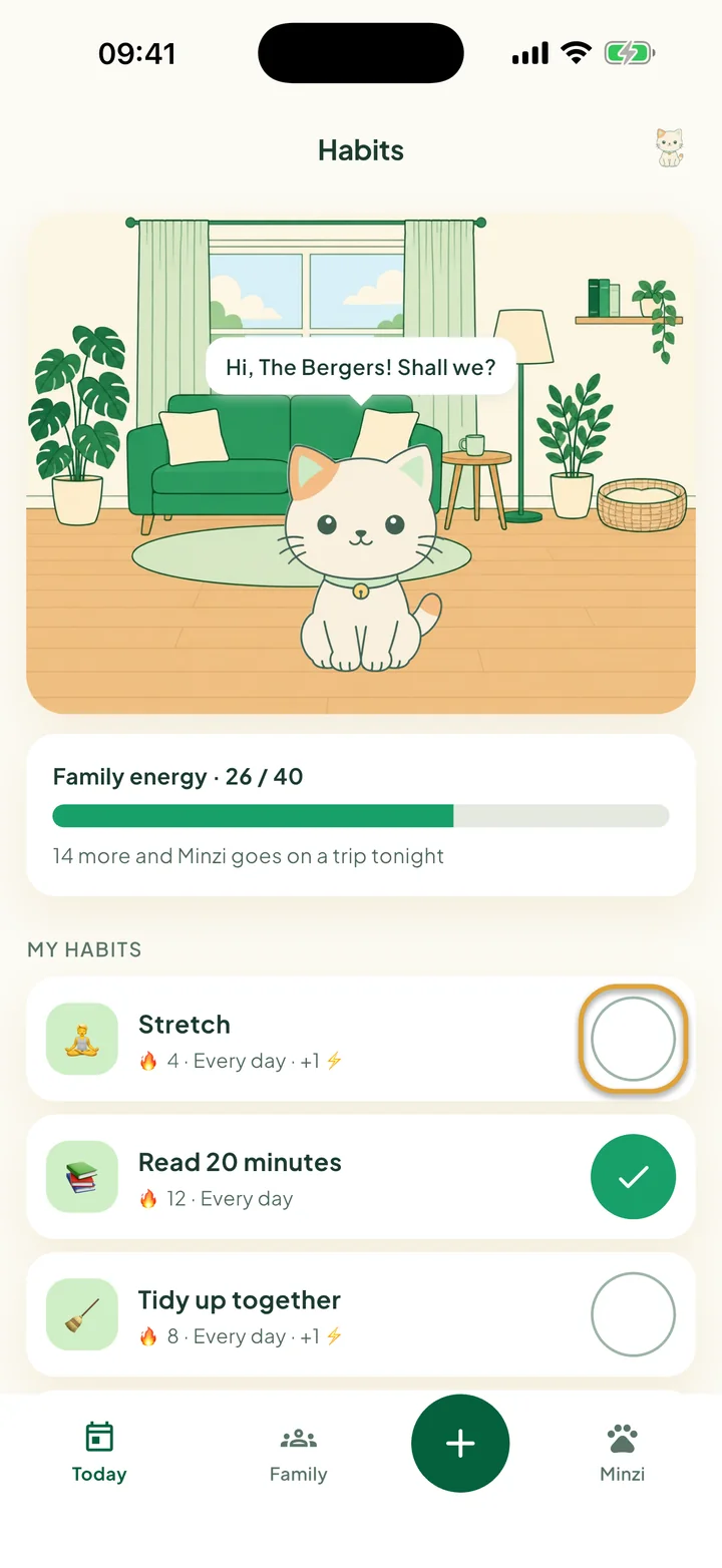 The Habits screen. The round tick button next to Stretch is circled.