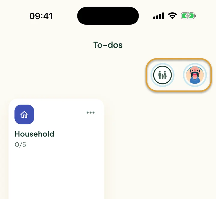 The top of the To-dos screen. The family circle and your own picture at the top right are circled.