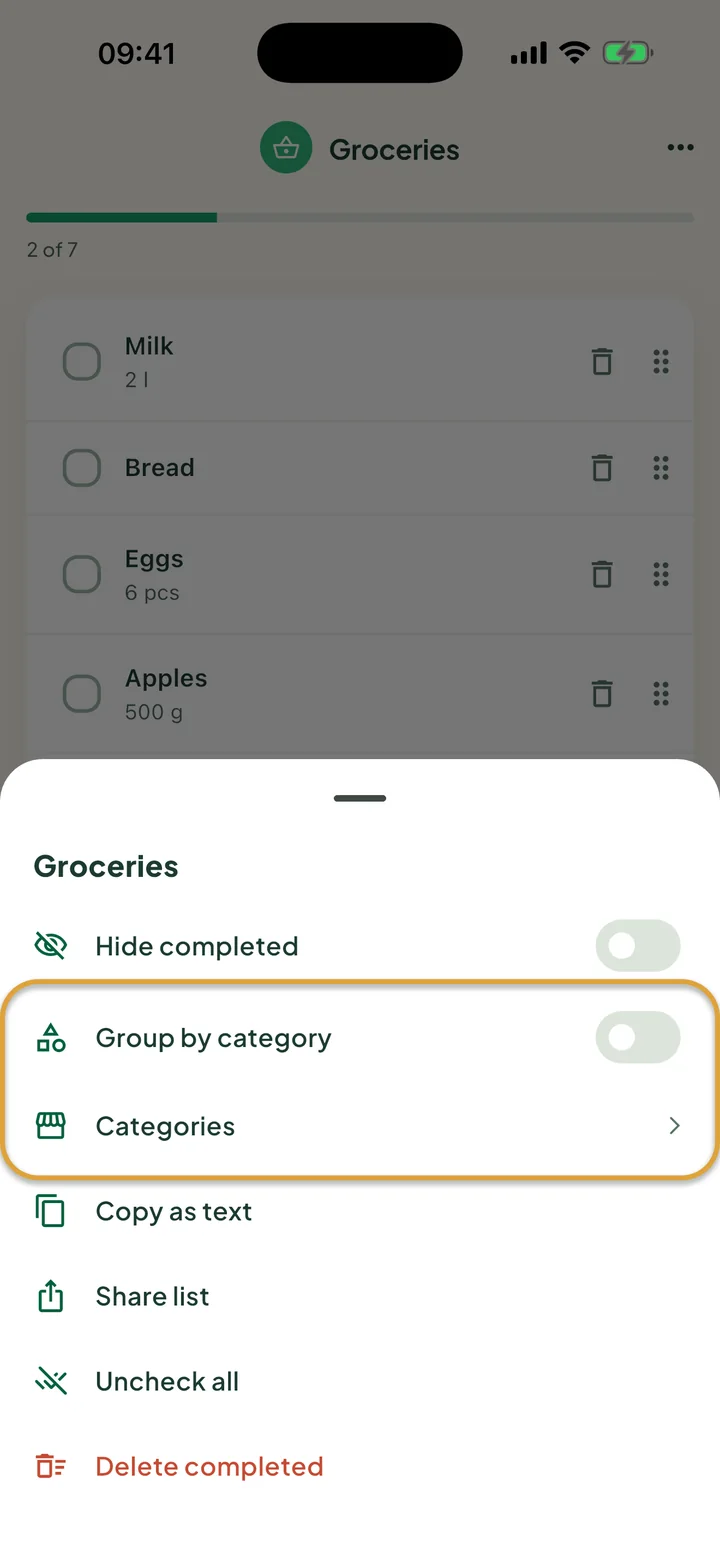 The ⋯ menu of the Groceries list. The Group by category switch and the Categories row are circled.