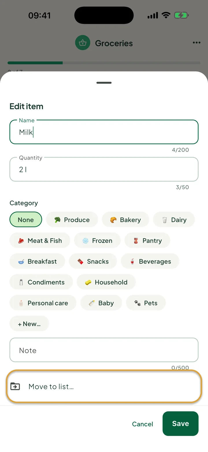 The Edit item sheet for Milk. The Move to list… row is circled.