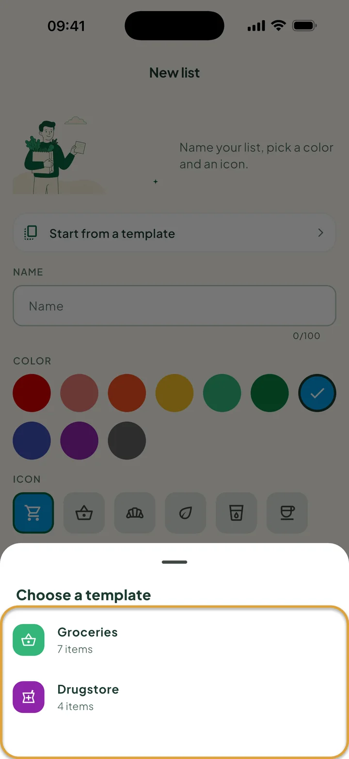 The New list screen with Choose a template open, showing two templates. The template list is circled.