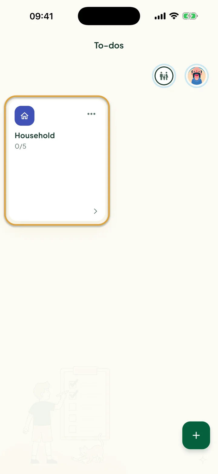 The To-dos screen with one list. The Household list card is circled.