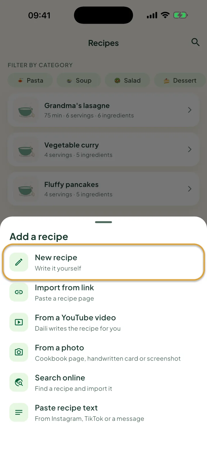 The Recipes screen with the + menu open. New recipe is circled.