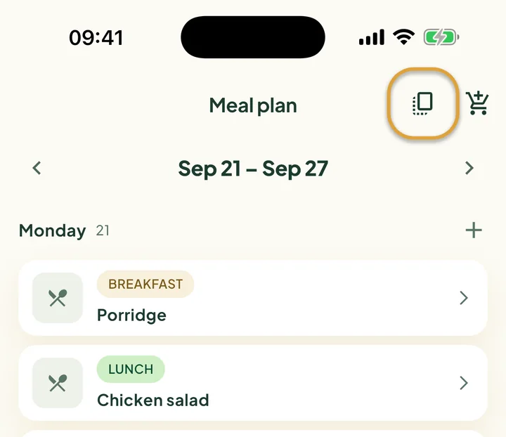 The top of the Meal plan. The copy button next to the shopping cart is circled.