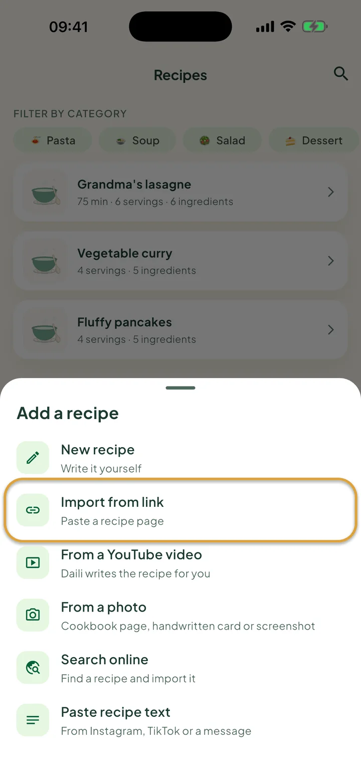 The Recipes screen with the + menu open. Import from link is circled.