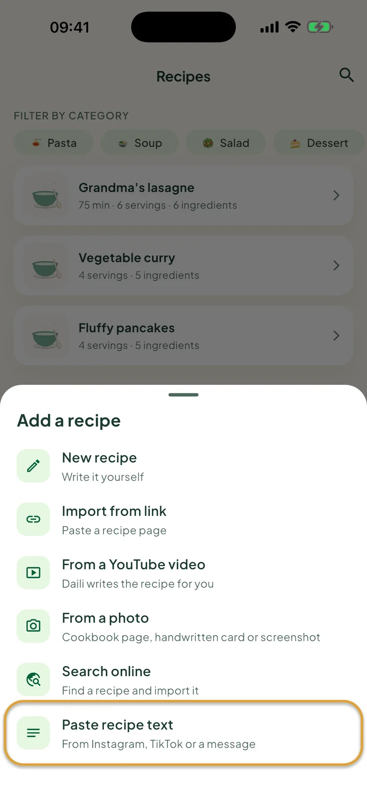The Recipes screen with the + menu open. Paste recipe text is circled.