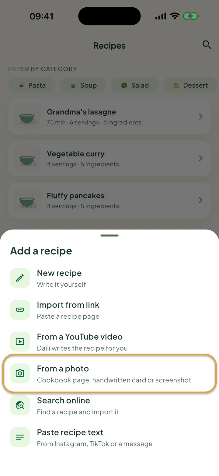 The Recipes screen with the + menu open. From a photo is circled.