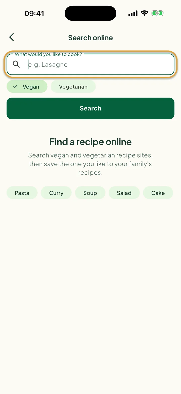 The Search online screen. The What would you like to cook? field is circled.