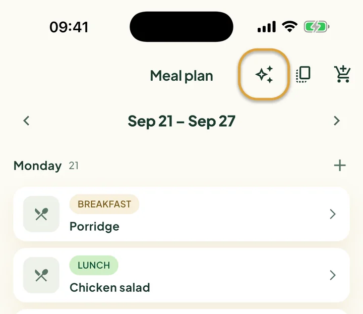 The top of the Meal plan. The sparkle button next to the copy button is circled.